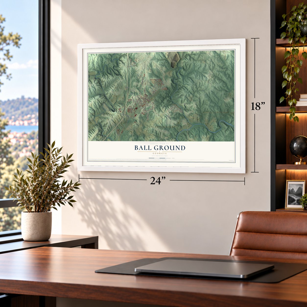 Ball Ground, Georgia map, 18 x 24 inch print in a white frame in a home office