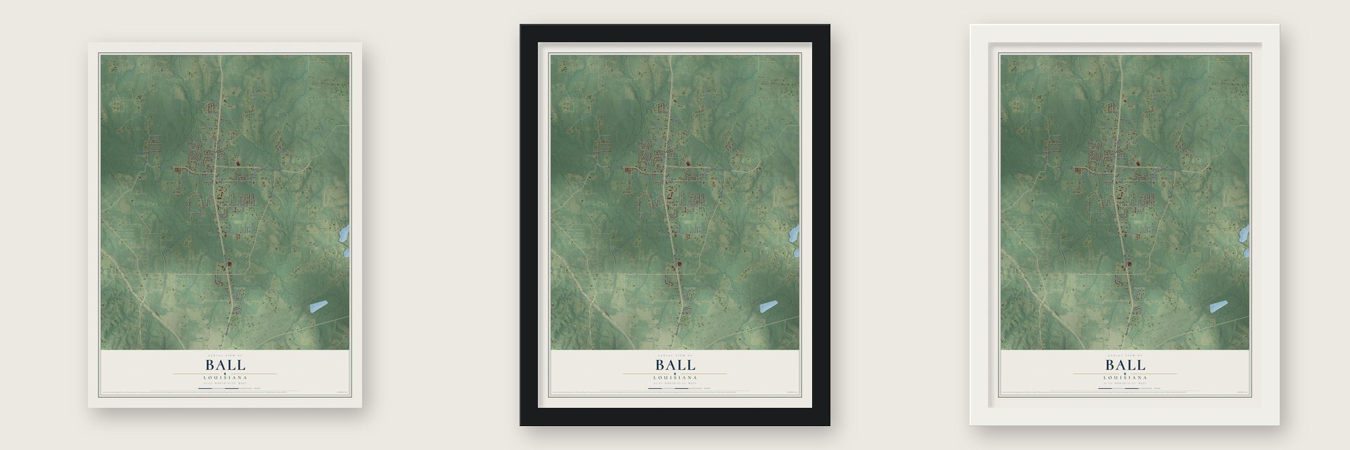 Ball, Louisiana map unframed, in a black wood frame and in a white wood frame