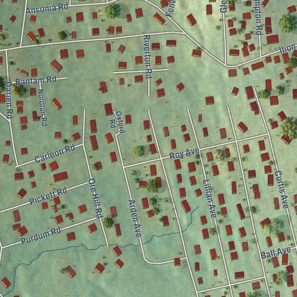 Second close-up of the map of Ball Pond, Connecticut print showing more streets and buildings