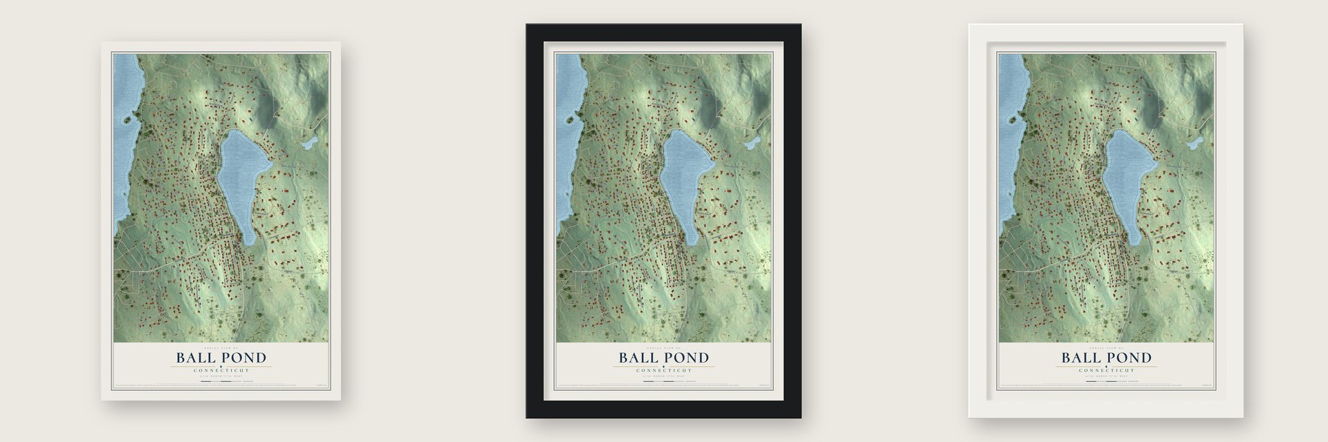 Ball Pond, Connecticut map unframed, in a black wood frame and in a white wood frame