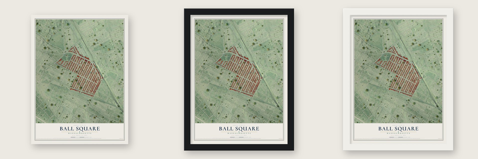Ball Square, Massachusetts map unframed, in a black wood frame and in a white wood frame