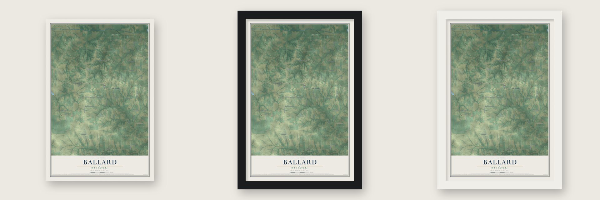 Ballard, Missouri map unframed, in a black wood frame and in a white wood frame
