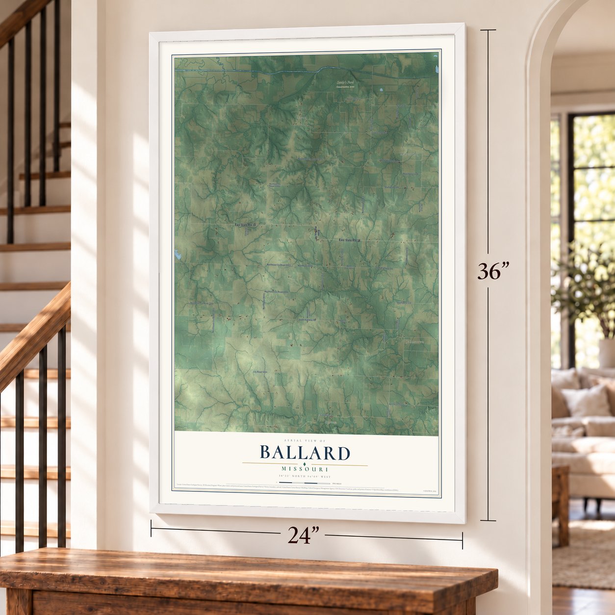 Ballard, Missouri map, 24 x 36 inch print in a white frame by a staircase