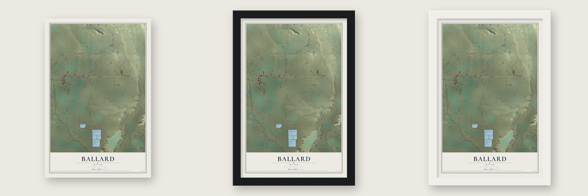 Ballard, Utah map unframed, in a black wood frame and in a white wood frame