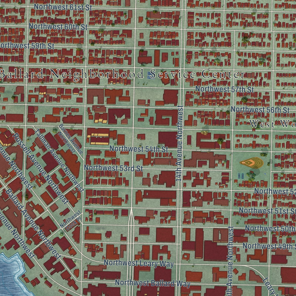 Second close-up of the map of Ballard, Washington print showing more streets and buildings