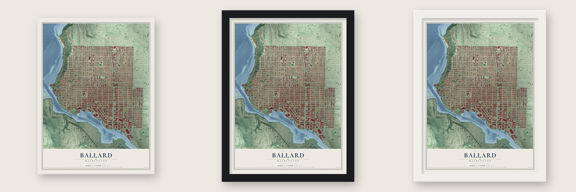 Ballard, Washington map unframed, in a black wood frame and in a white wood frame