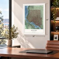 Ballard, Washington map, 18 x 24 inch print in a white frame in a home office