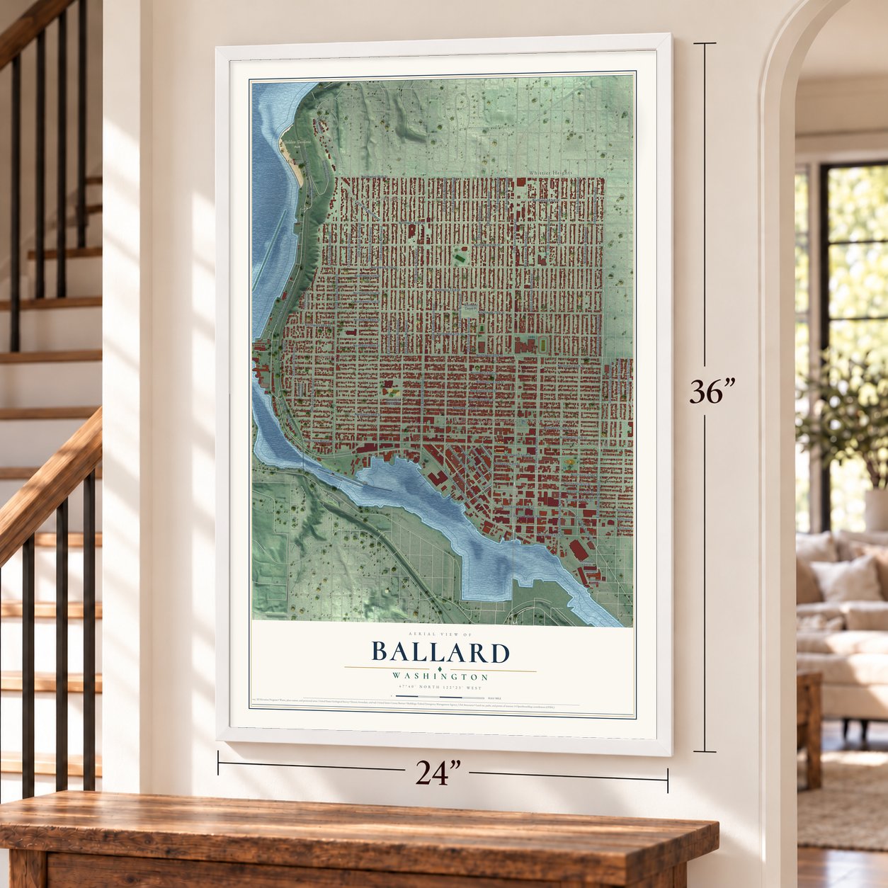 Ballard, Washington map, 24 x 36 inch print in a white frame by a staircase