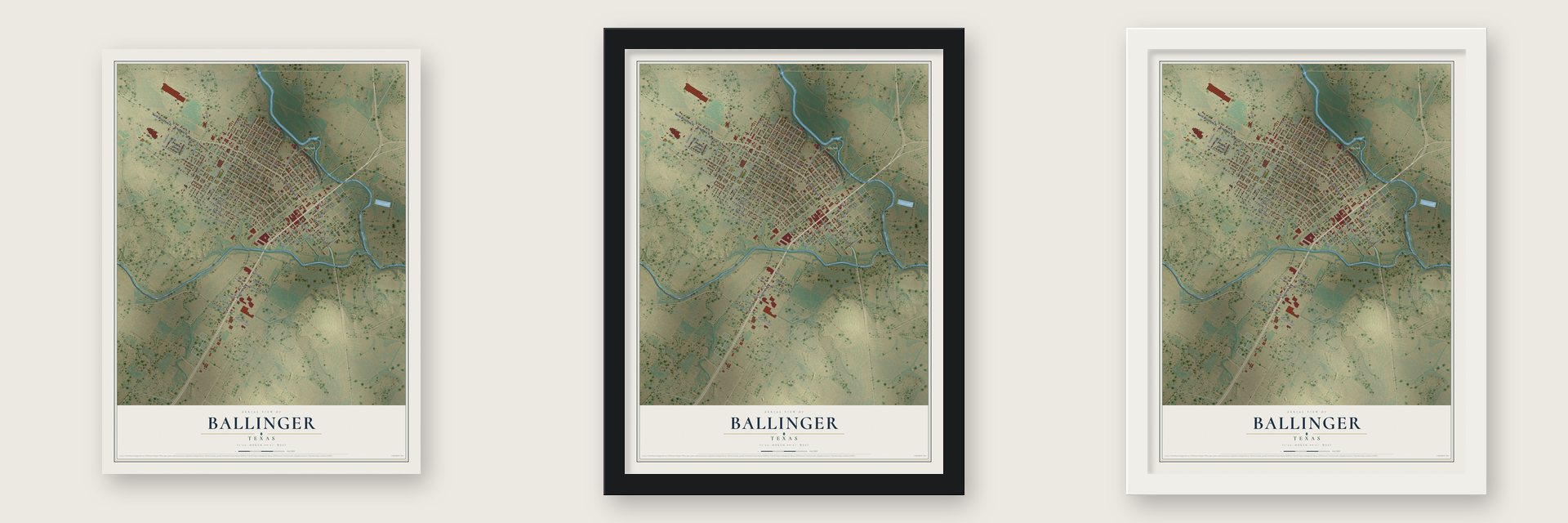 Ballinger, Texas map unframed, in a black wood frame and in a white wood frame