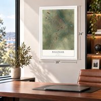 Ballinger, Texas map, 18 x 24 inch print in a white frame in a home office