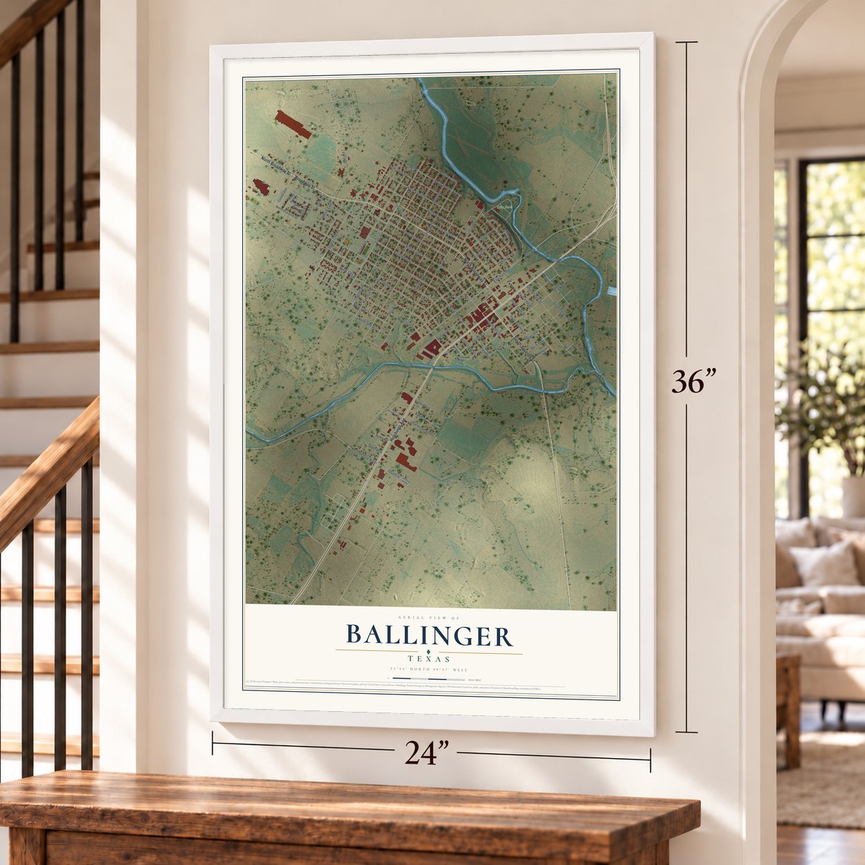 Ballinger, Texas map, 24 x 36 inch print in a white frame by a staircase