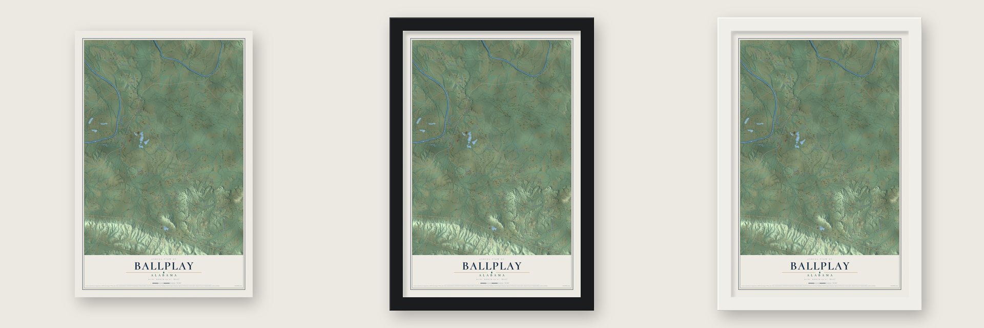 Ballplay, Alabama map unframed, in a black wood frame and in a white wood frame