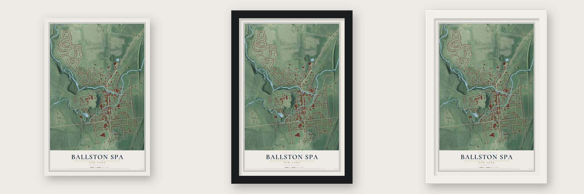 Ballston Spa, New York map unframed, in a black wood frame and in a white wood frame
