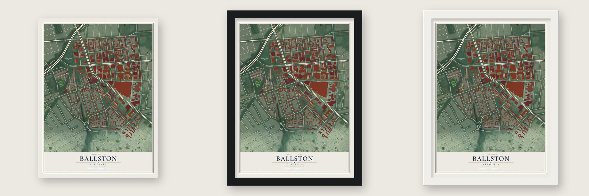 Ballston, Virginia map unframed, in a black wood frame and in a white wood frame