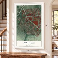 Ballston, Virginia map, 24 x 36 inch print in a white frame by a staircase