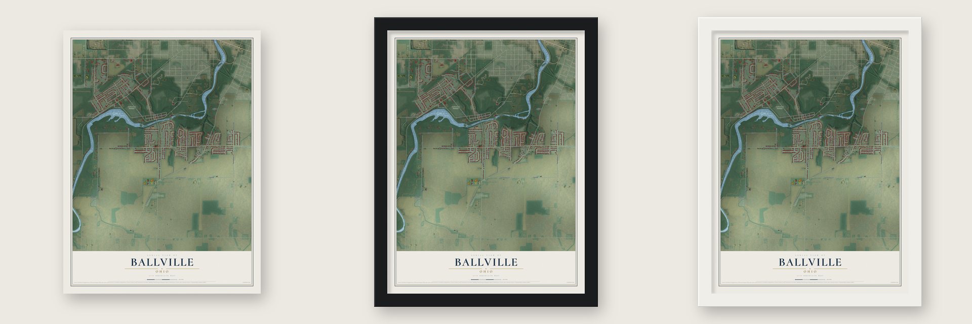Ballville, Ohio map unframed, in a black wood frame and in a white wood frame