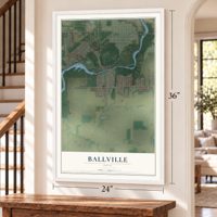 Ballville, Ohio map, 24 x 36 inch print in a white frame by a staircase