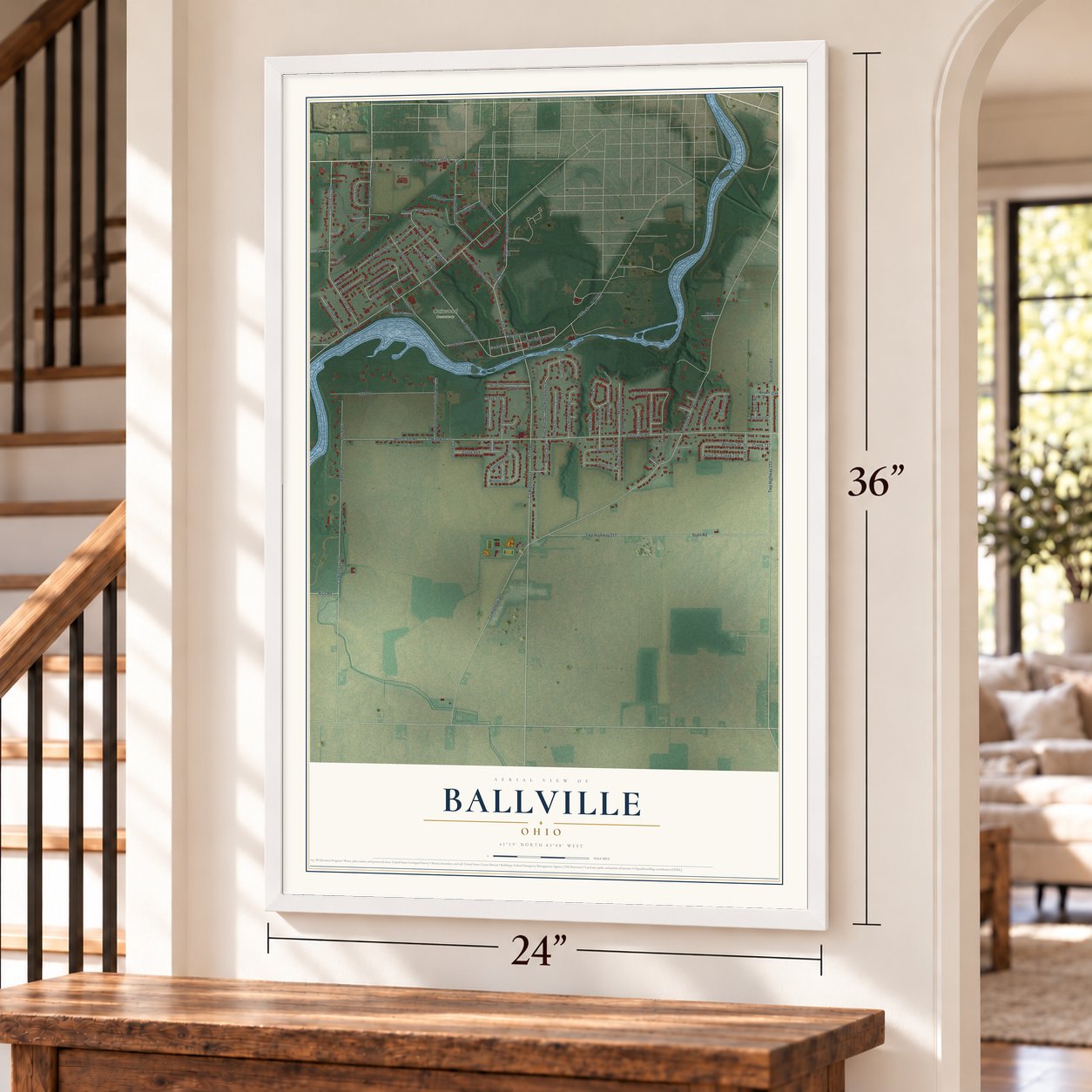 Ballville, Ohio map, 24 x 36 inch print in a white frame by a staircase