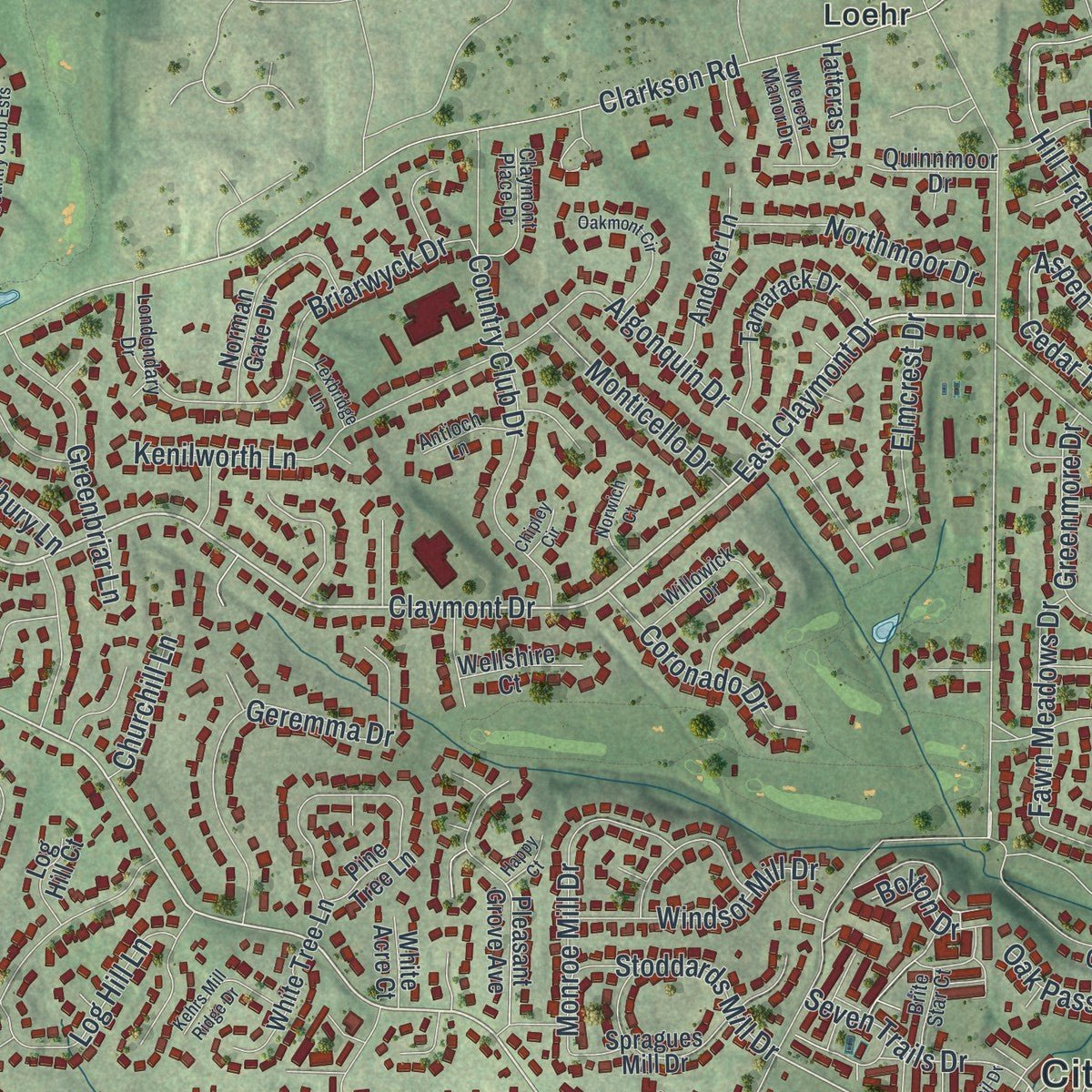 Second close-up of the map of Ballwin, Missouri print showing more streets and buildings