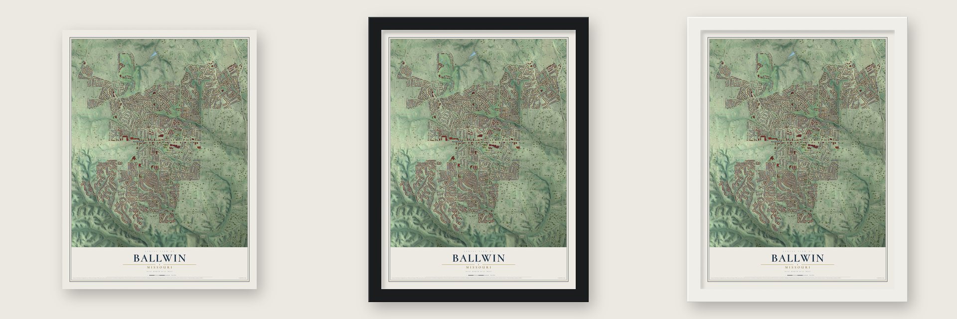 Ballwin, Missouri map unframed, in a black wood frame and in a white wood frame