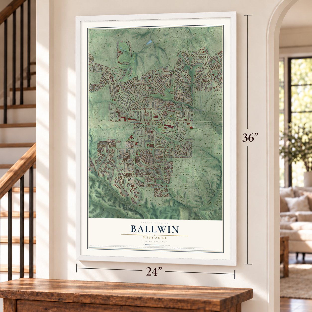 Ballwin, Missouri map, 24 x 36 inch print in a white frame by a staircase