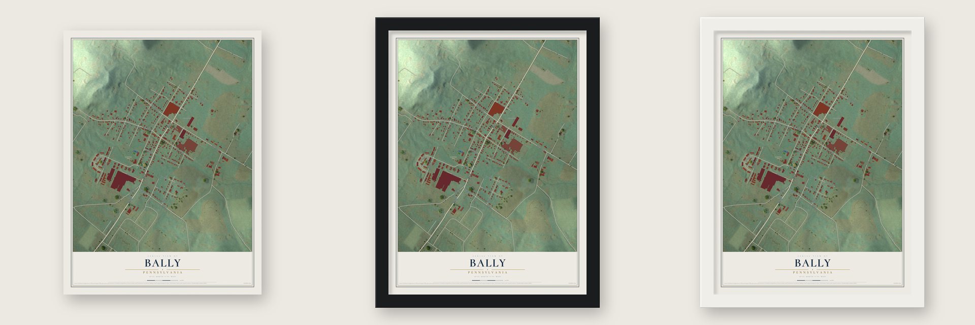 Bally, Pennsylvania map unframed, in a black wood frame and in a white wood frame