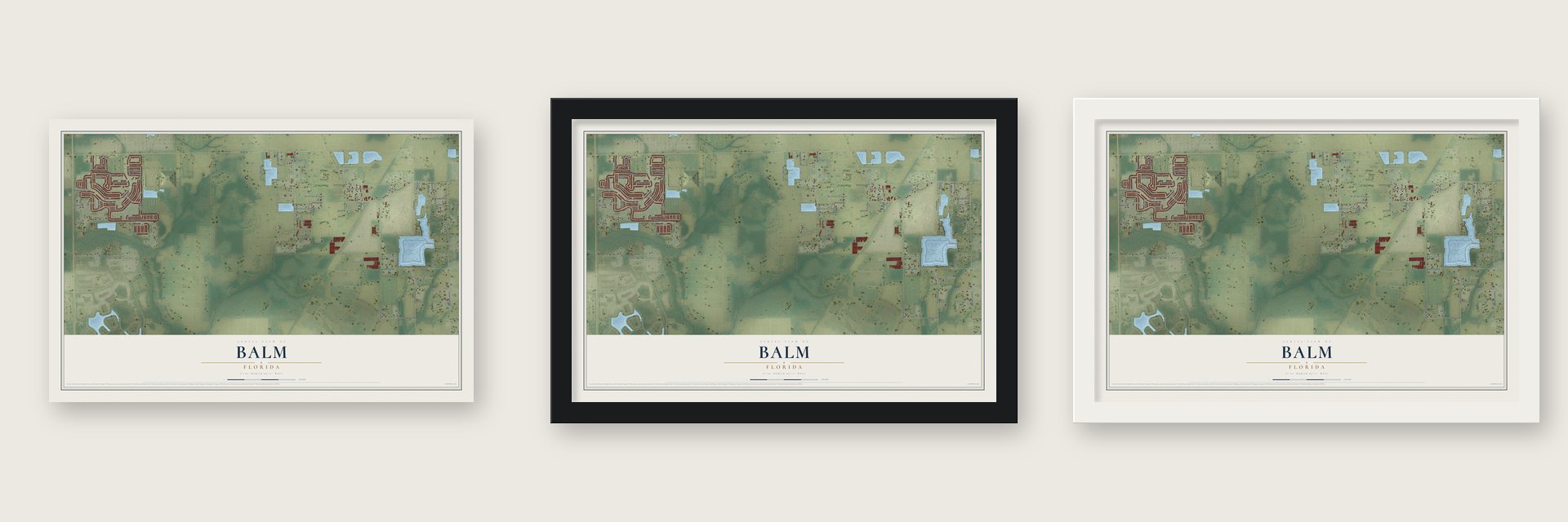 Balm, Florida map unframed, in a black wood frame and in a white wood frame