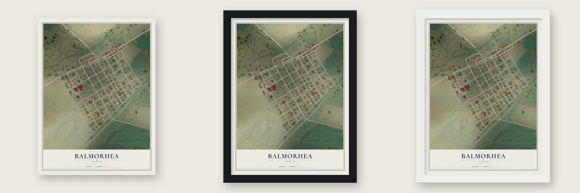 Balmorhea, Texas map unframed, in a black wood frame and in a white wood frame