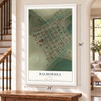 Balmorhea, Texas map, 24 x 36 inch print in a white frame by a staircase