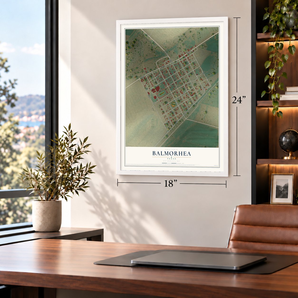 Balmorhea, Texas map, 18 x 24 inch print in a white frame in a home office