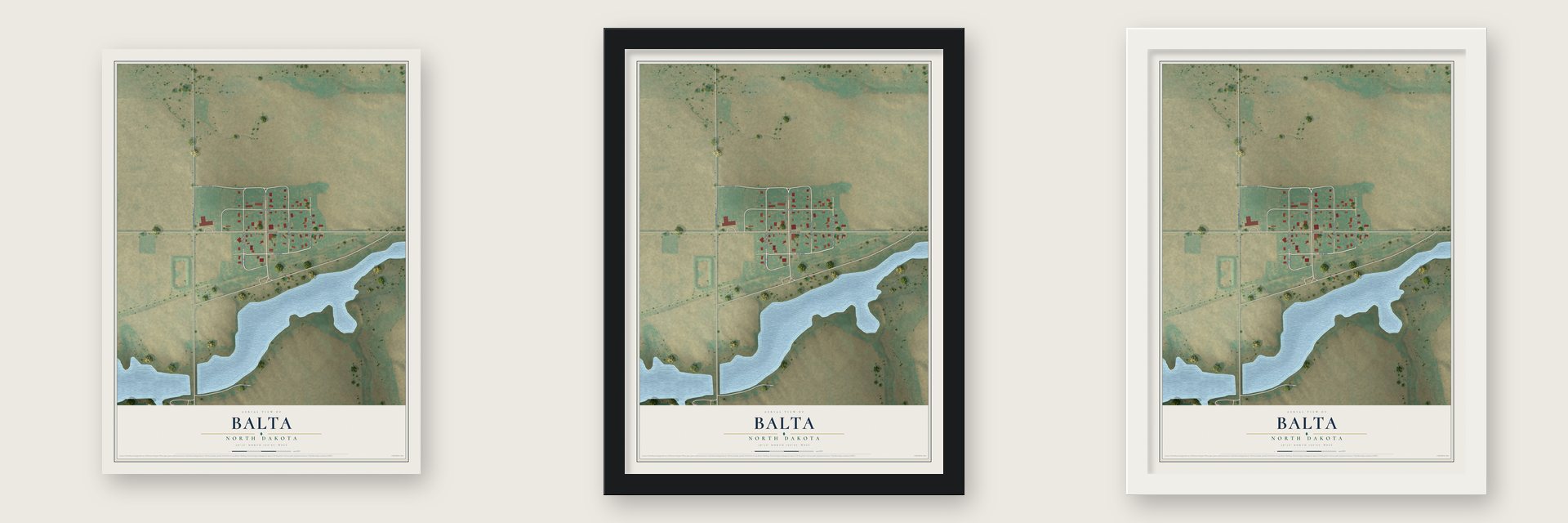 Balta, North Dakota map unframed, in a black wood frame and in a white wood frame