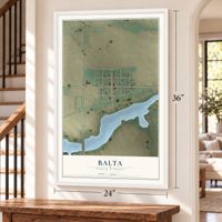 Balta, North Dakota map, 24 x 36 inch print in a white frame by a staircase