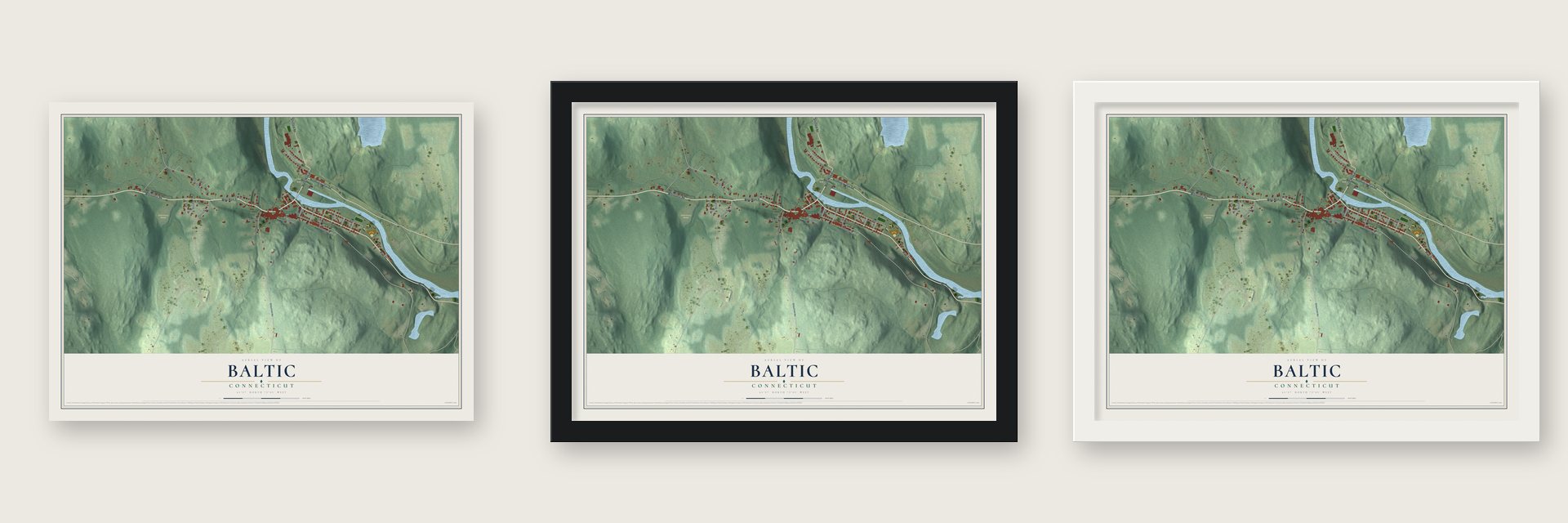 Baltic, Connecticut map unframed, in a black wood frame and in a white wood frame
