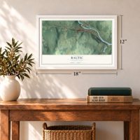 Baltic, Connecticut map, 12 x 18 inch print in a white frame in an entryway