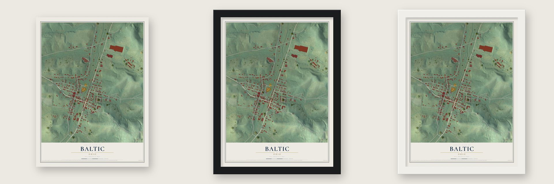 Baltic, Ohio map unframed, in a black wood frame and in a white wood frame
