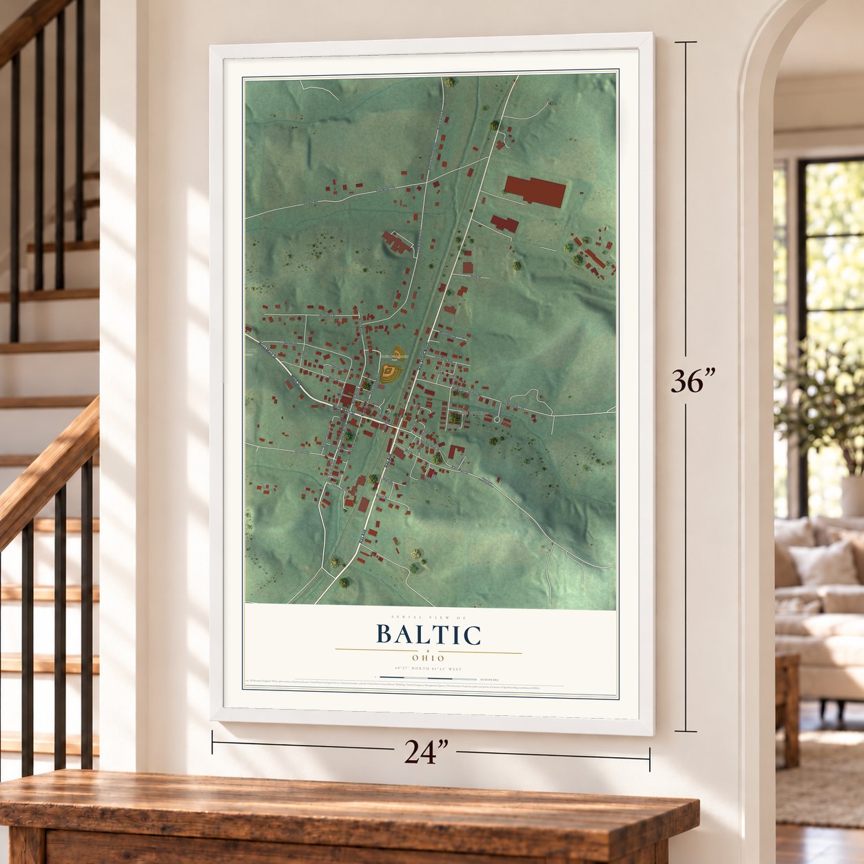 Baltic, Ohio map, 24 x 36 inch print in a white frame by a staircase