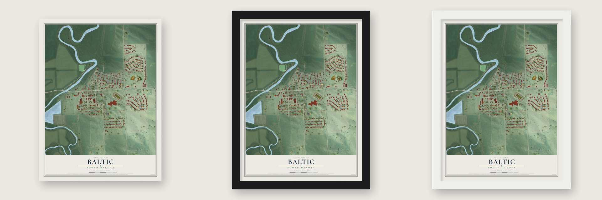 Baltic, South Dakota map unframed, in a black wood frame and in a white wood frame