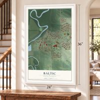 Baltic, South Dakota map, 24 x 36 inch print in a white frame by a staircase
