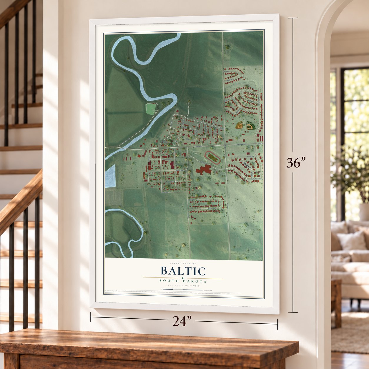 Baltic, South Dakota map, 24 x 36 inch print in a white frame by a staircase