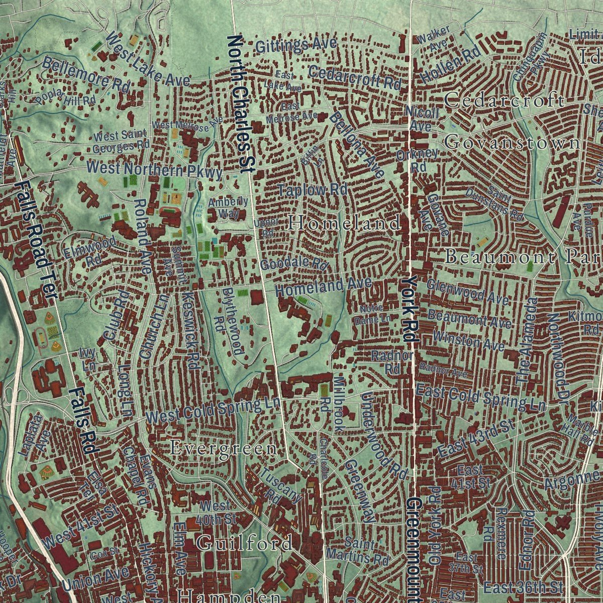 Second close-up of the map of Baltimore, Maryland print showing more streets and buildings