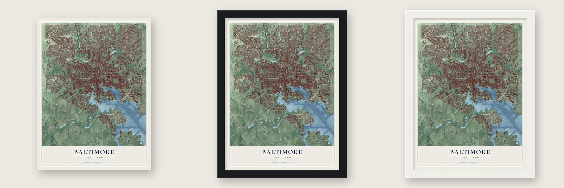 Baltimore, Maryland map unframed, in a black wood frame and in a white wood frame