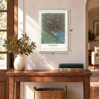 Baltimore, Maryland map, 12 x 18 inch print in a white frame in an entryway