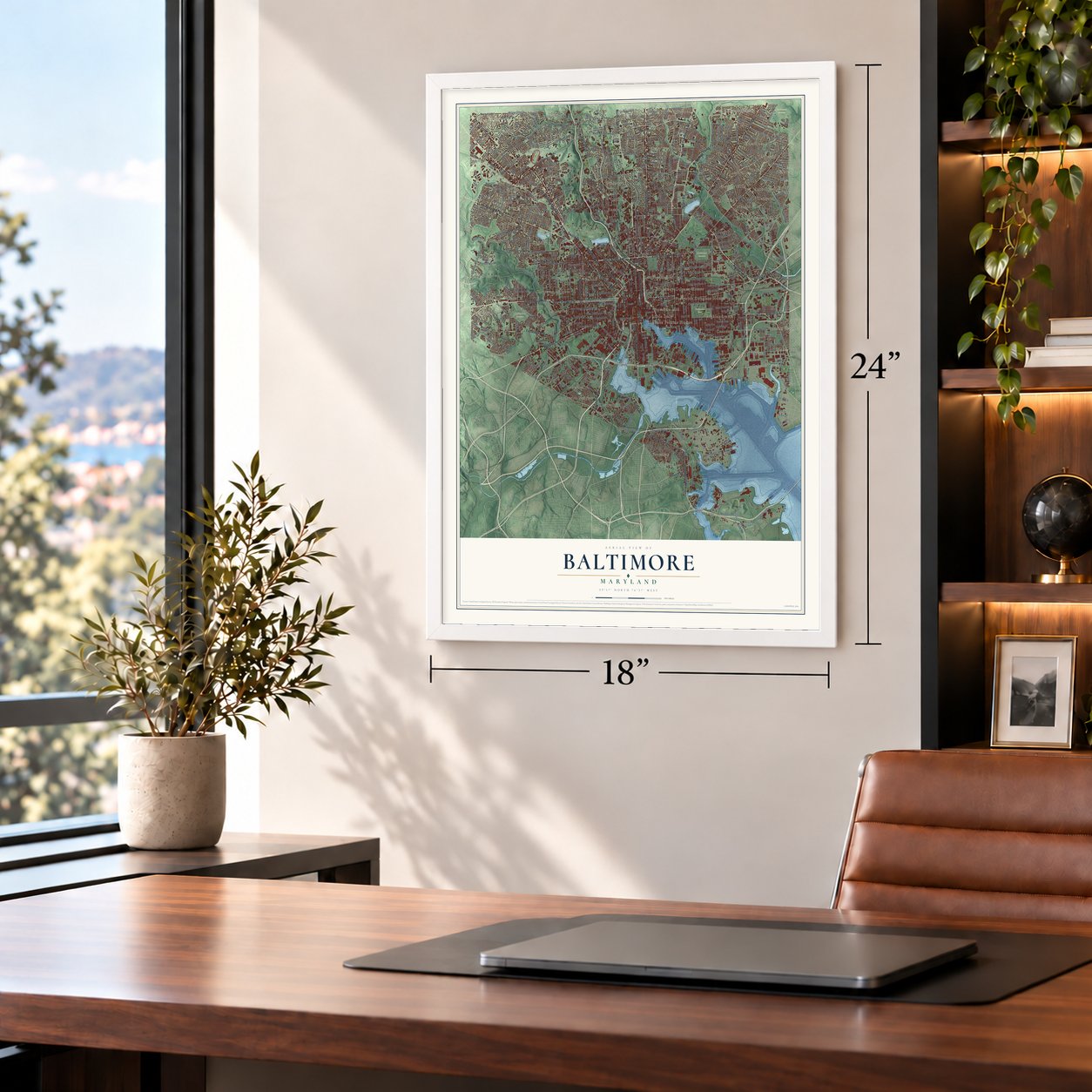 Baltimore, Maryland map, 18 x 24 inch print in a white frame in a home office