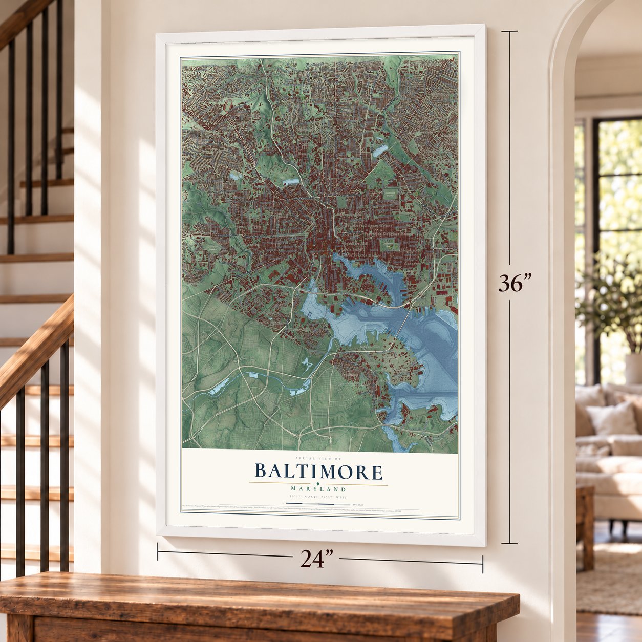 Baltimore, Maryland map, 24 x 36 inch print in a white frame by a staircase