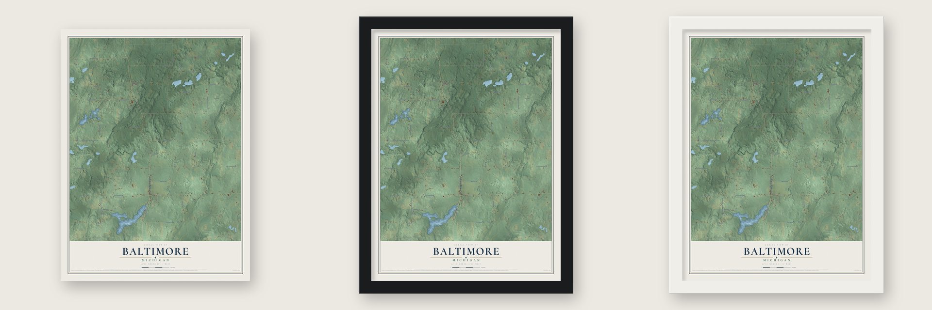 Baltimore, Michigan map unframed, in a black wood frame and in a white wood frame