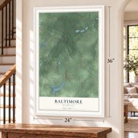 Baltimore, Michigan map, 24 x 36 inch print in a white frame by a staircase