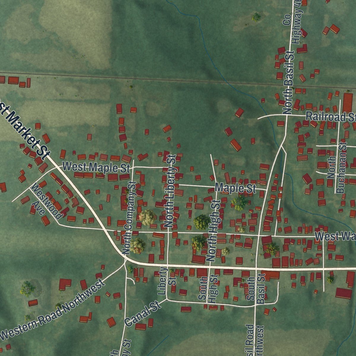 Second close-up of the map of Baltimore, Ohio print showing more streets and buildings