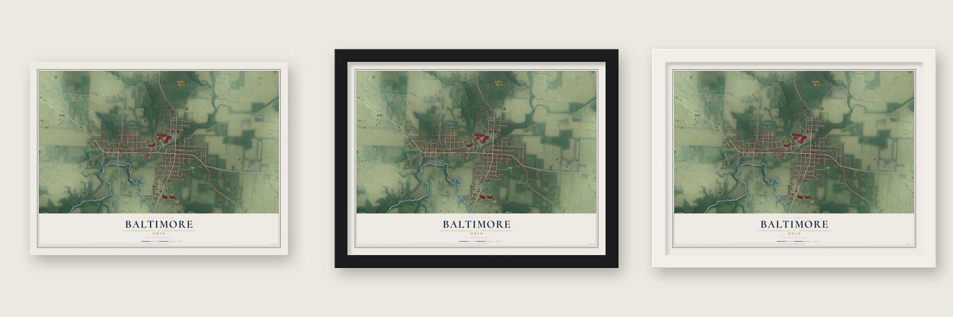 Baltimore, Ohio map unframed, in a black wood frame and in a white wood frame