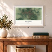 Baltimore, Ohio map, 12 x 18 inch print in a white frame in an entryway
