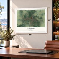 Baltimore, Ohio map, 18 x 24 inch print in a white frame in a home office